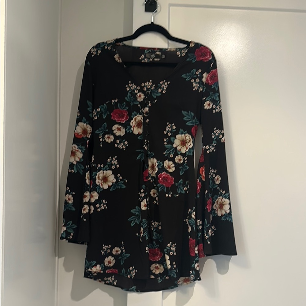 Misguided Floral Bell Long Sleeve Dress